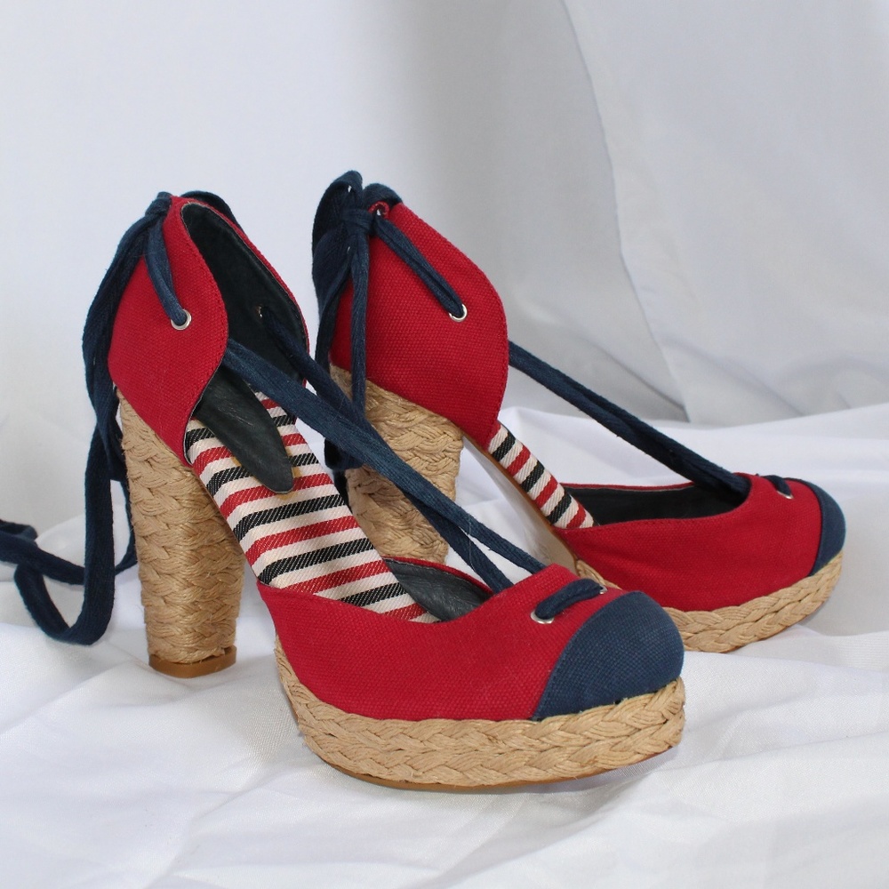 Red White & Blue Espadrille Lace Up Heels